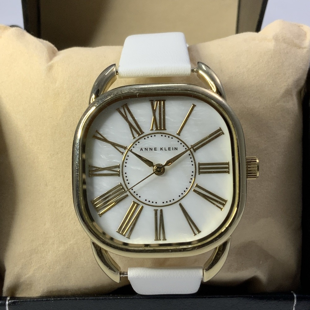 Anne Klein Womens Watch 35mm Square Face MOP ⌚New Battery and White Leather Band